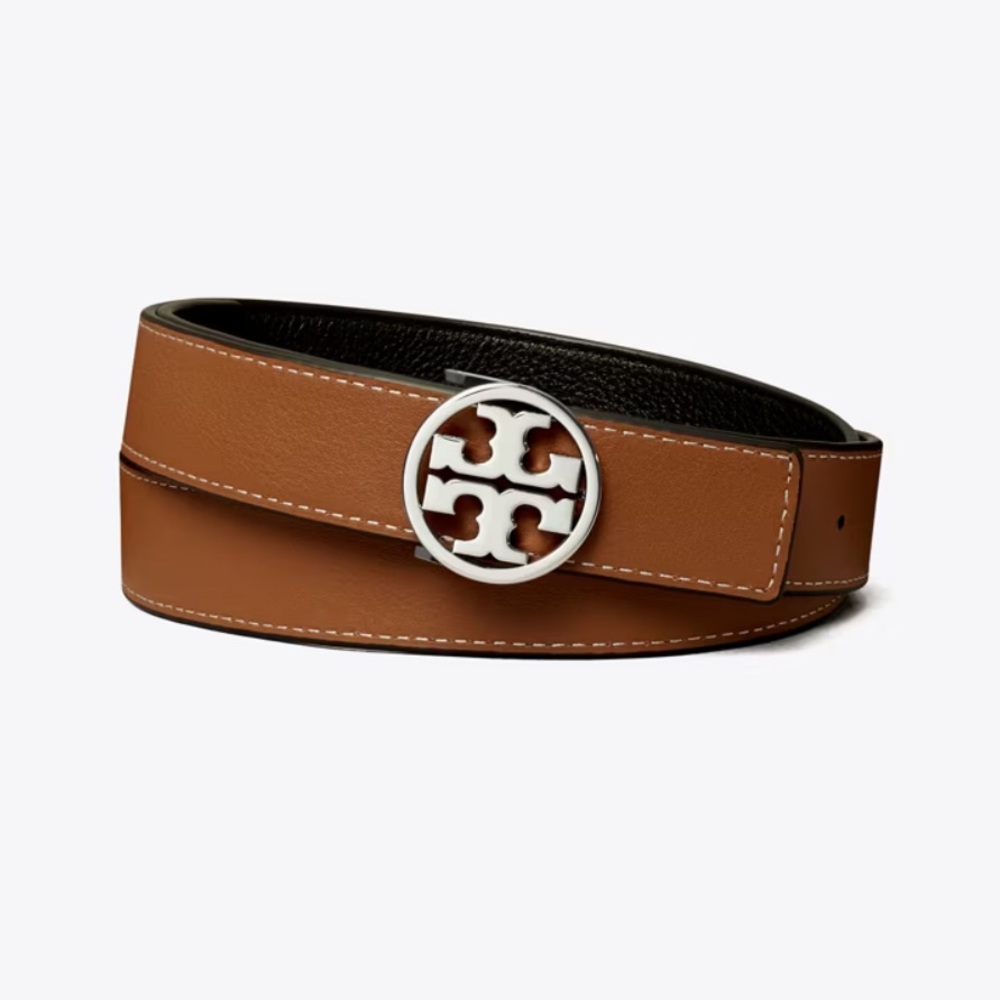 Tory Burch 1” Reversible Logo Black Classic Cuoio Silver Belt - Picture 2 of 12